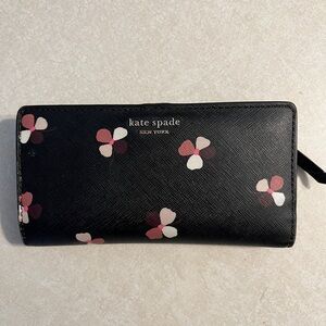 Kate Spade Black Floral Petal Wallet with Pink and Cream Flowers- EUC!
